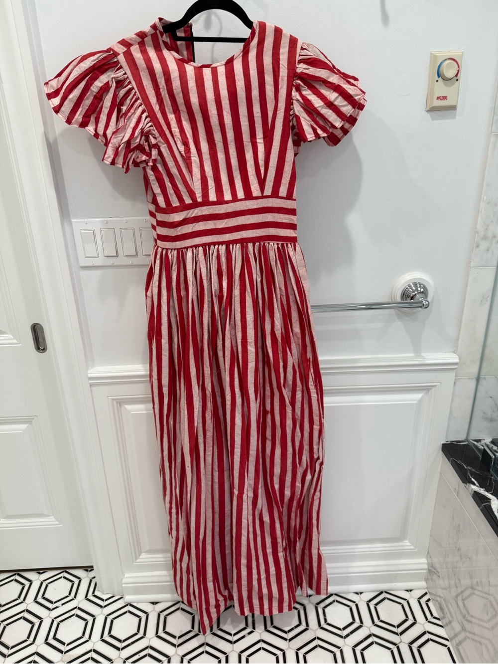 Sika Red and White Striped Puff-Sleeve Maxi Dress